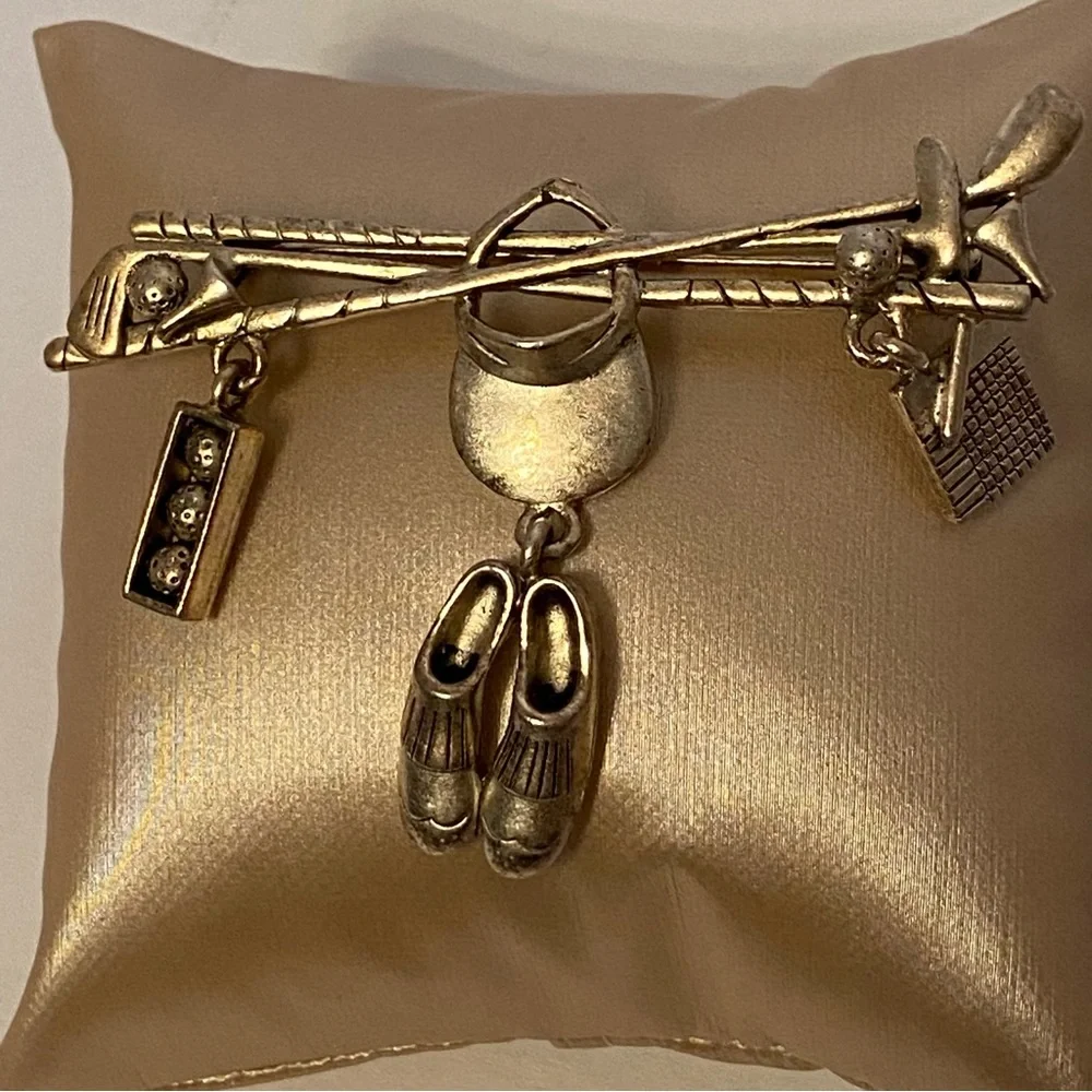 DANECRAFT BROOCH PIN GOLFERS GEAR SILVER TONE CLUBS SHOES BALLS DANGLES DROPS